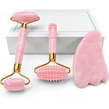 4- in -1 Rose Quartz Jade Roller en Gua Sha Set