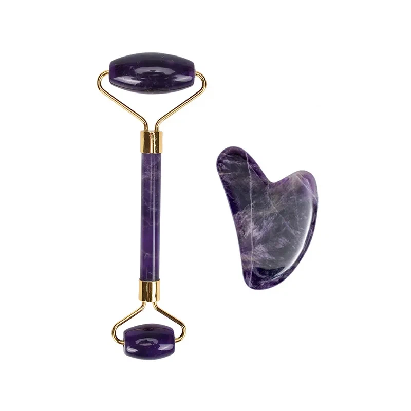 Amethist Jade Roller en Gua Sha set rechte handgreep